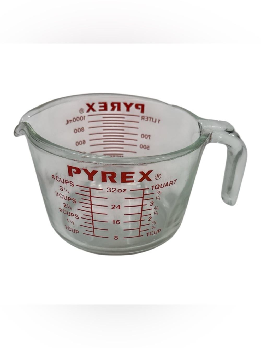 Vintage #532 PYREX Glass Measuring Cup 4-Cup 1 Quart 32 OZ Red Letters J Handle